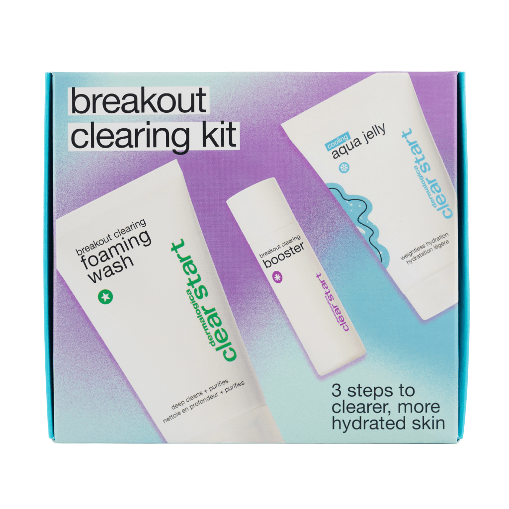 Breakout Clearing Kit mit drei Hautpflegeprodukten in einer Verpackung mit der Beschriftung "3 steps to clearer, more hydrated skin".