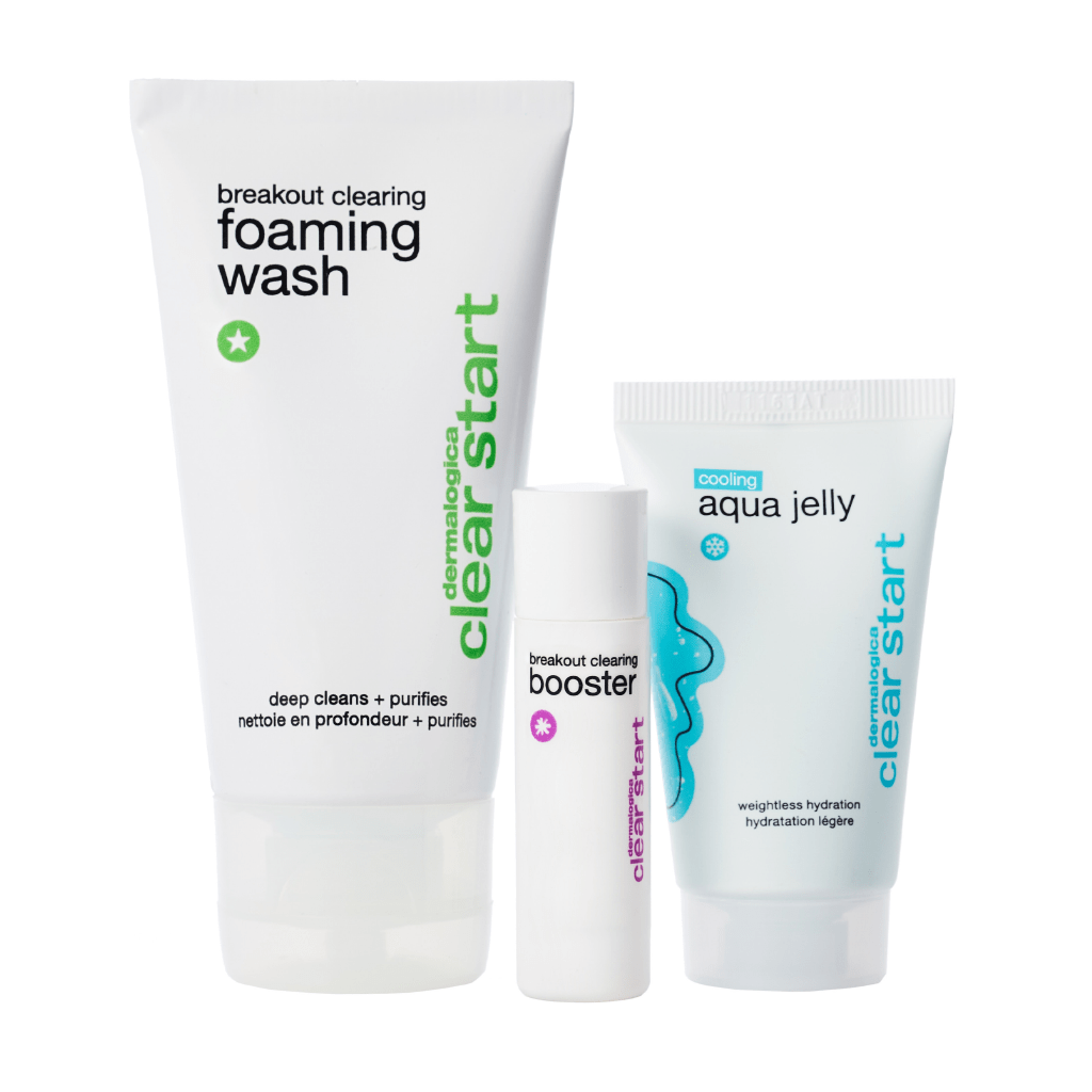 Drei Dermalogica Clear Start Hautpflegeprodukte nebeneinander angeordnet: Foaming Wash, Breakout Clearing Booster und Cooling Aqua Jelly.