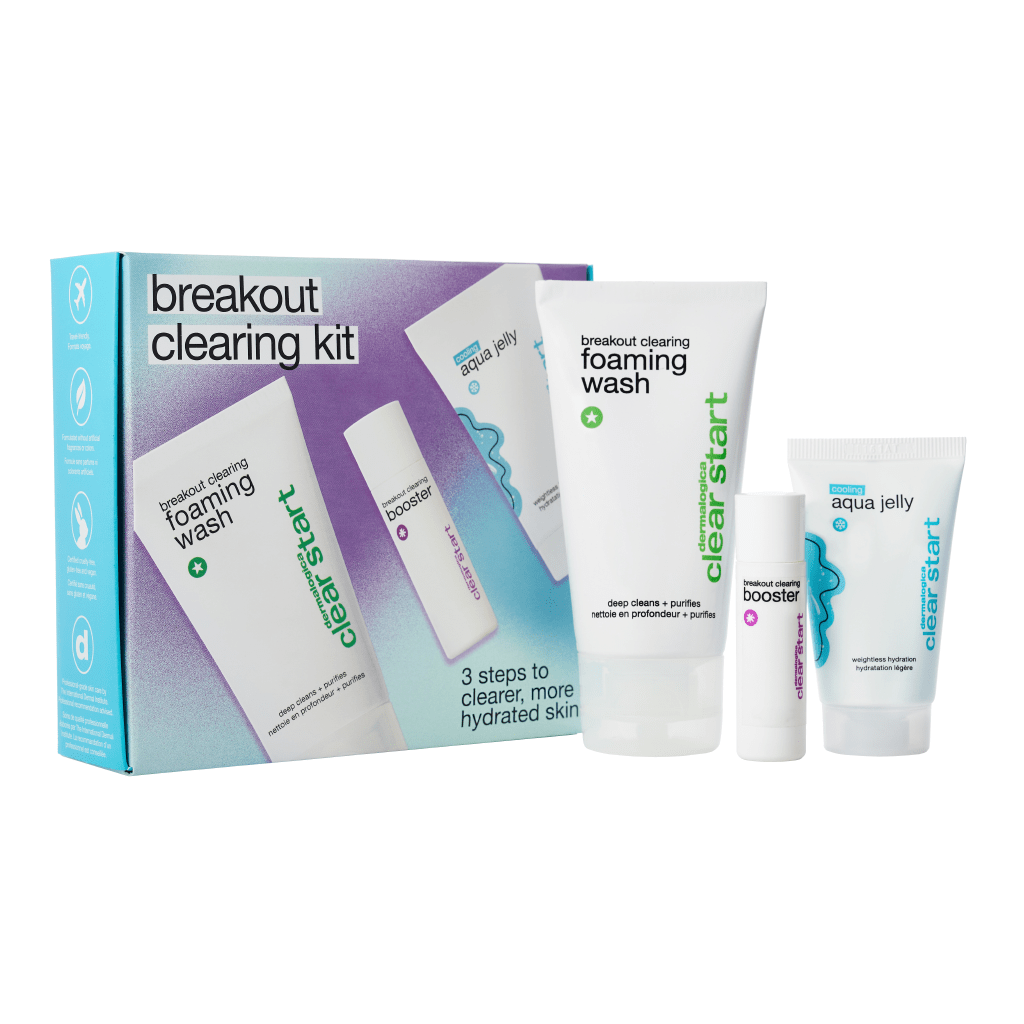 Breakout Clearing Kit von Clear Start mit verschiedenen Hautpflegeprodukten: Schaumreiniger, Booster und Feuchtigkeitsgel.