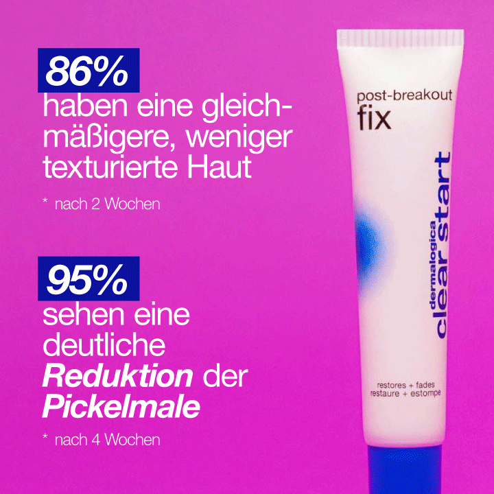 Tube der Dermalogica Clear Start Post-Breakout Fix Creme auf pinkem Hintergrund mit Prozentangaben zu Hautverbesserungen.