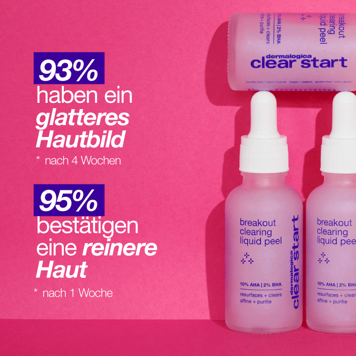 Zwei Fläschchen Dermalogica Clear Start Breakout Clearing Liquid Peel auf einem pinkfarbenen Hintergrund mit Prozentangaben zur Hautverbesserung.