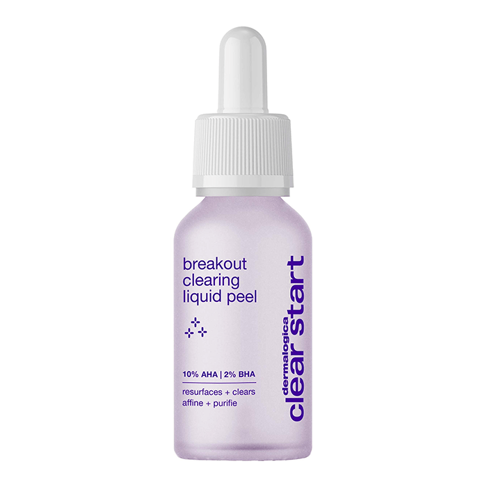 Eine Flasche Breakout Clearing Liquid Peel, wirksam bei unreiner Haut und bei der Behandlung von Pickel, fotografiert auf weißem Hintergrund.