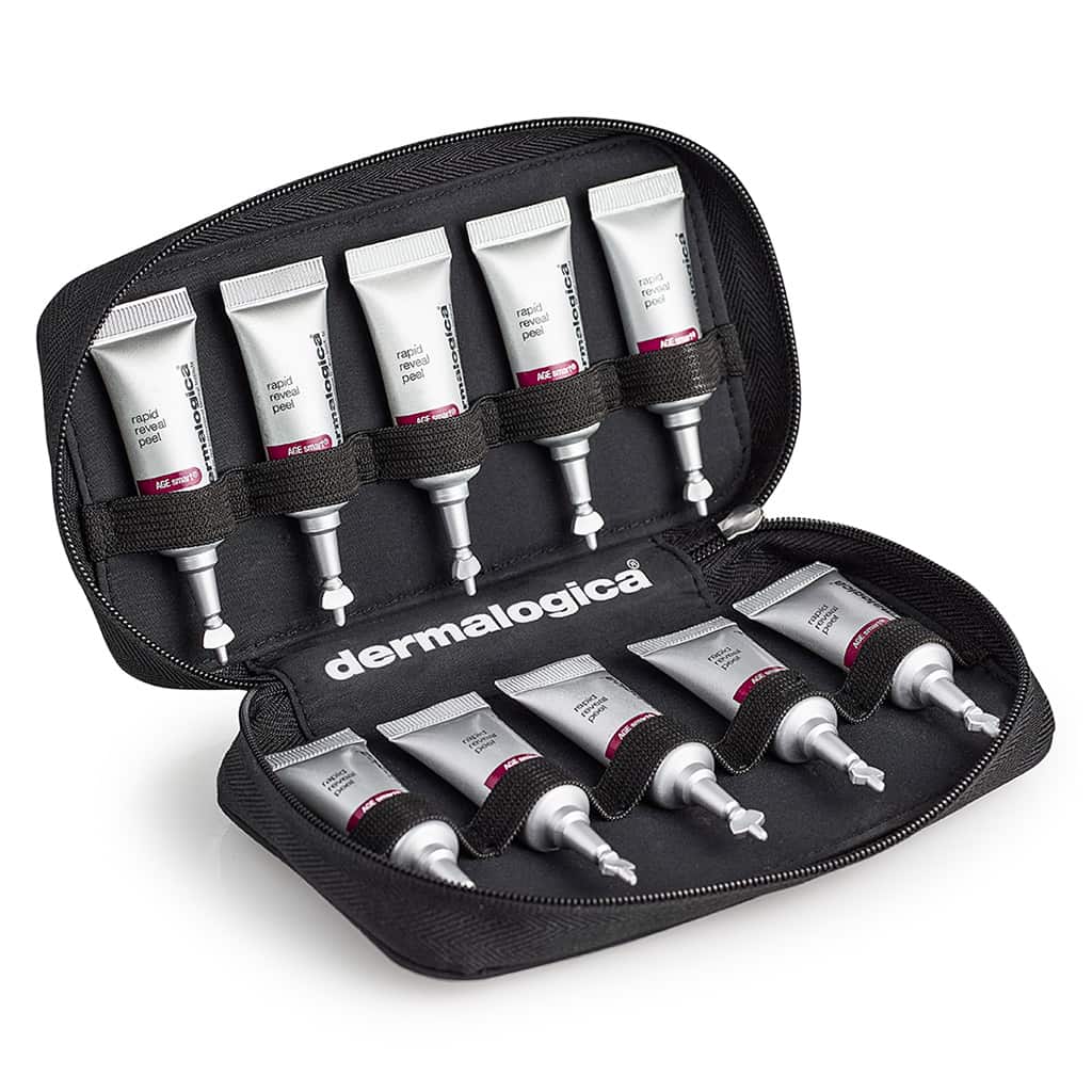 Dermalogica Rapid Reveal Peel Hautpflegeprodukt-Set in geöffneter schwarzer Tragetasche.