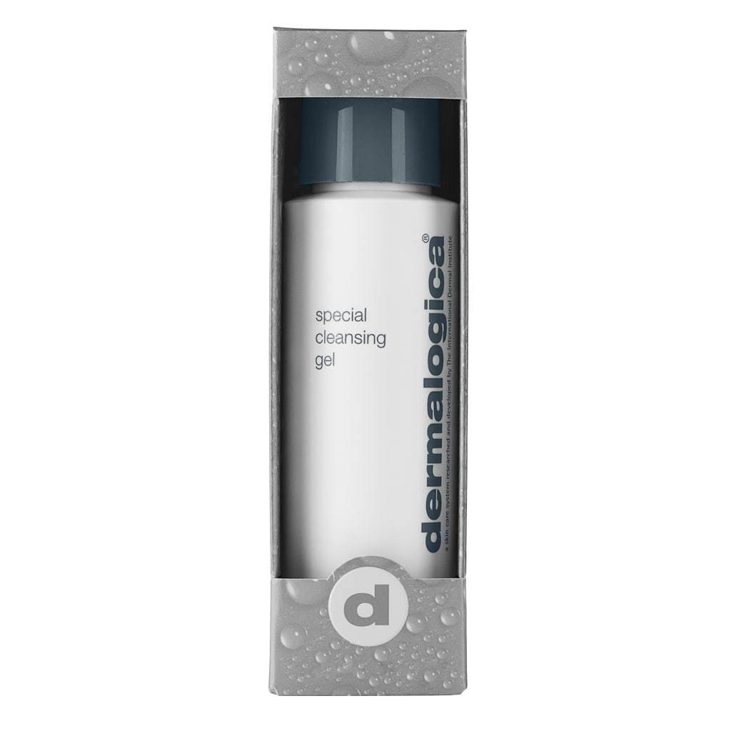 Flasche des Dermalogica Special Cleansing Gel mit grauem Verschluss und Verpackung.